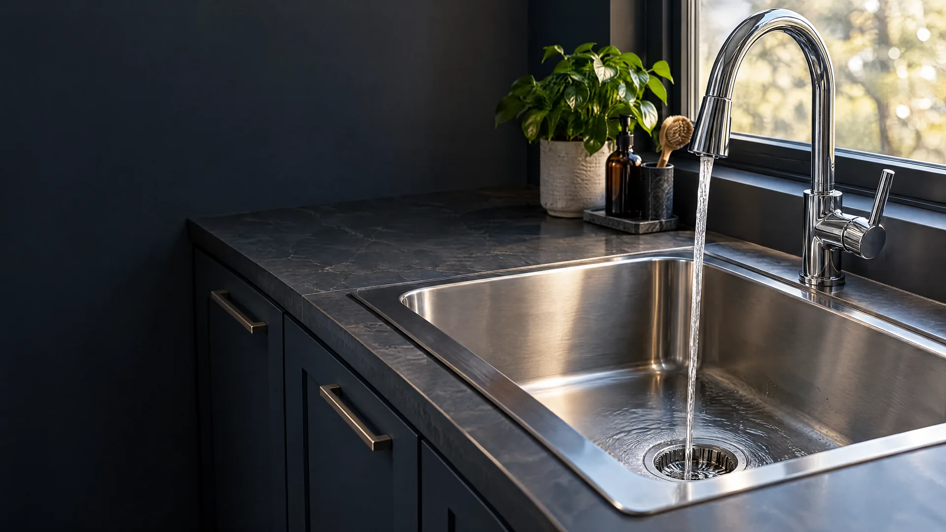 Generated illustration of a kitchen sink with water running into its drain